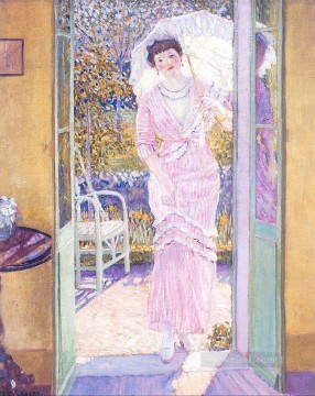 En la puerta Buenos días mujeres impresionistas Frederick Carl Frieseke Pinturas al óleo
